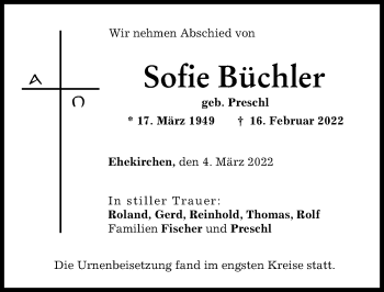 Traueranzeige von Sofie Büchler von Neuburger Rundschau