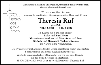 Traueranzeige von Theresia Ruf von Illertisser Zeitung