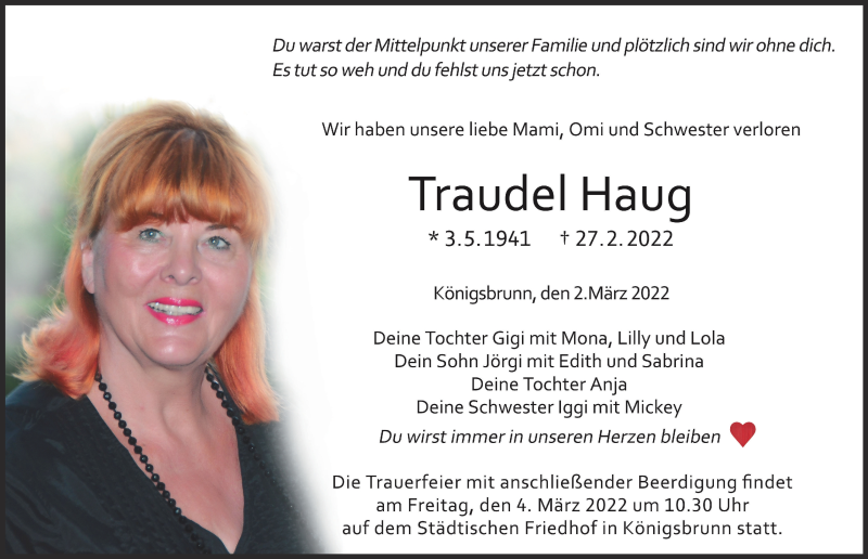  Traueranzeige für Traudel Haug vom 02.03.2022 aus Augsburger Allgemeine