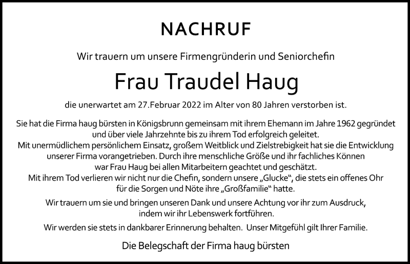  Traueranzeige für Traudel Haug vom 02.03.2022 aus Augsburger Allgemeine