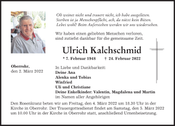 Traueranzeige von Ulrich Kalchschmid von Günzburger Zeitung, Mittelschwäbische Nachrichten