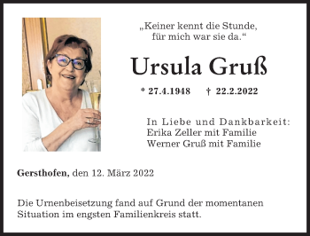 Traueranzeige von Ursula Gruß von Augsburger Allgemeine