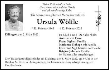 Traueranzeige von Ursula Wölfle von Donau Zeitung