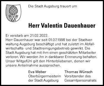 Traueranzeige von Valentin Dauenhauer von Augsburger Allgemeine