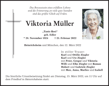 Traueranzeige von Viktoria Müller von Neuburger Rundschau