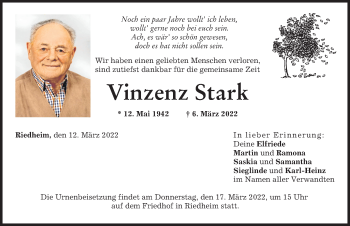 Traueranzeige von Vinzenz Stark von Günzburger Zeitung