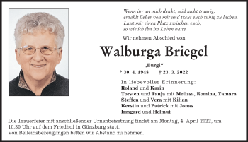 Traueranzeige von Walburga Briegel von Günzburger Zeitung