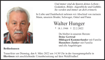 Traueranzeige von Walter Hunger von Illertisser Zeitung