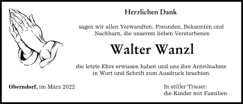 Traueranzeige von Walter Wanzl von Donauwörther Zeitung