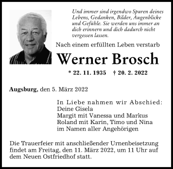 Traueranzeige von Werner Brosch von Augsburger Allgemeine