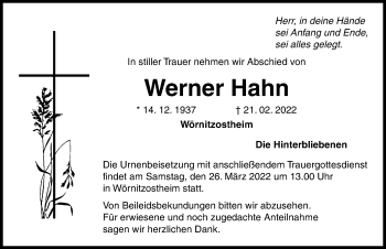 Traueranzeige von Werner Hahn von Rieser Nachrichten
