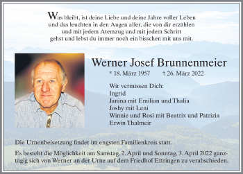 Traueranzeige von Werner Josef Brunnenmeier von Mindelheimer Zeitung