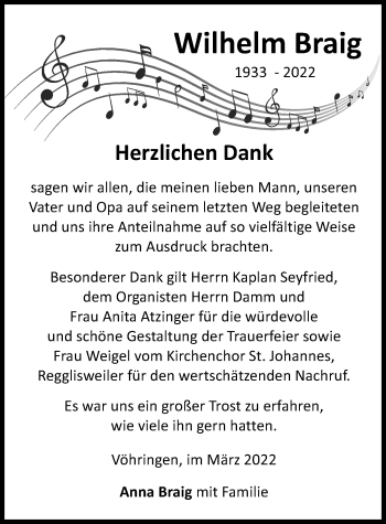 Traueranzeige von Wilhelm Braig von Illertisser Zeitung