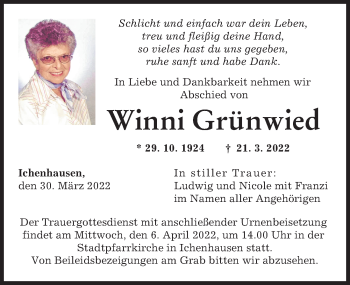 Traueranzeige von Winni Grünwied von Günzburger Zeitung