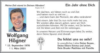 Traueranzeige von Wolfgang Högner von Allgäuer Zeitung, Kaufbeuren/Buchloe