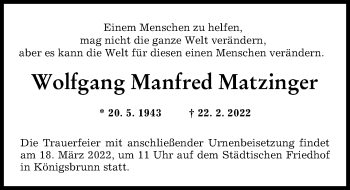 Traueranzeige von Wolfgang Manfred Matzinger von Augsburger Allgemeine