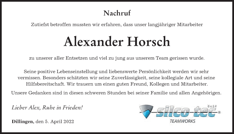  Traueranzeige für Alexander Horsch vom 05.04.2022 aus Donau Zeitung