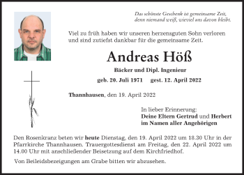Traueranzeige von Andreas Höß von Mittelschwäbische Nachrichten