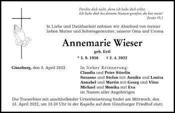 Traueranzeige von Annemarie Wieser von Günzburger Zeitung