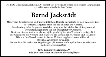 Traueranzeige von Bernd Jackstädt von Günzburger Zeitung