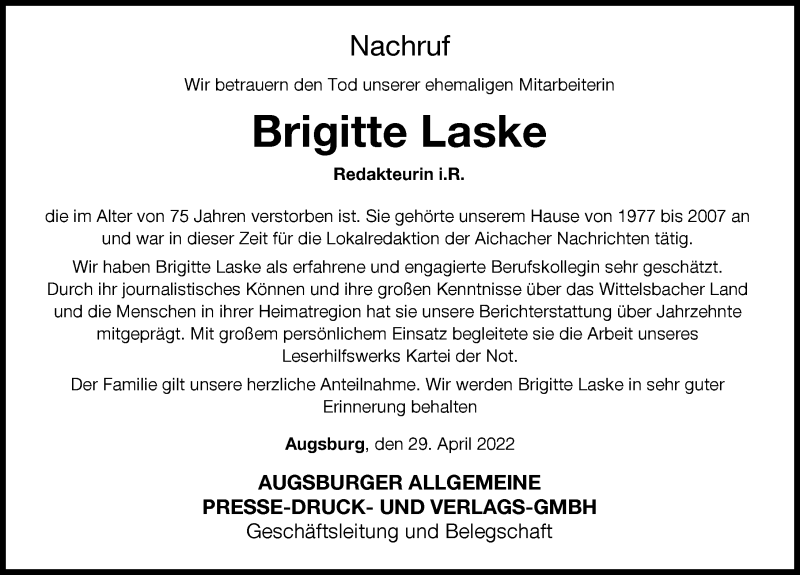 Traueranzeige für Brigitte Laske vom 29.04.2022 aus Aichacher Nachrichten