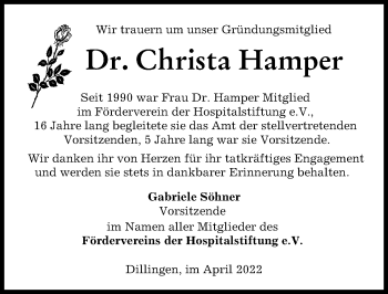 Traueranzeige von Christa Hamper von Donau Zeitung