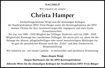 Traueranzeige von Christa Hamper von Donau Zeitung