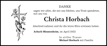 Traueranzeige von Christa Horbach von Donauwörther Zeitung