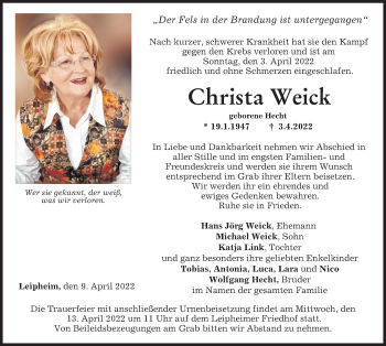 Traueranzeige von Christa Weick von Günzburger Zeitung