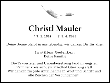 Traueranzeige von Christl Mauler von Günzburger Zeitung