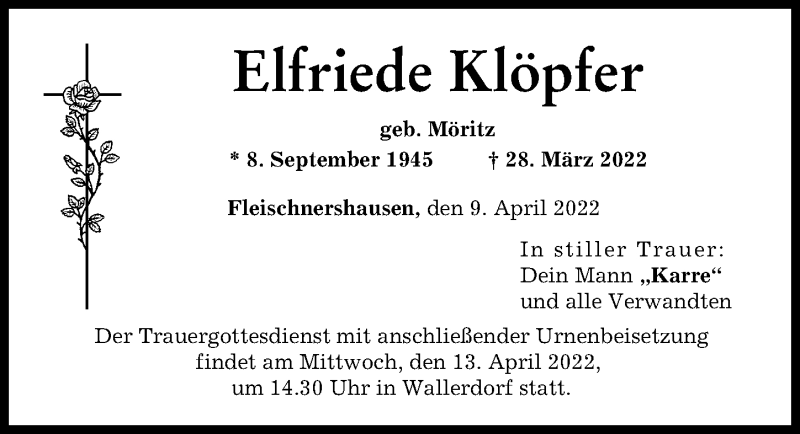  Traueranzeige für Elfriede Klöpfer vom 09.04.2022 aus Neuburger Rundschau