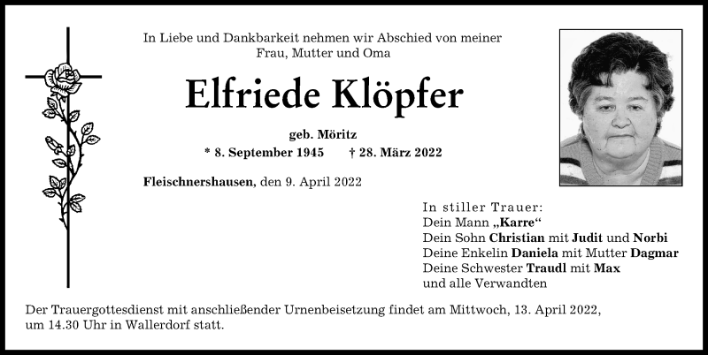  Traueranzeige für Elfriede Klöpfer vom 09.04.2022 aus Donauwörther Zeitung