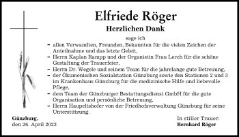 Traueranzeige von Elfriede Röger von Günzburger Zeitung