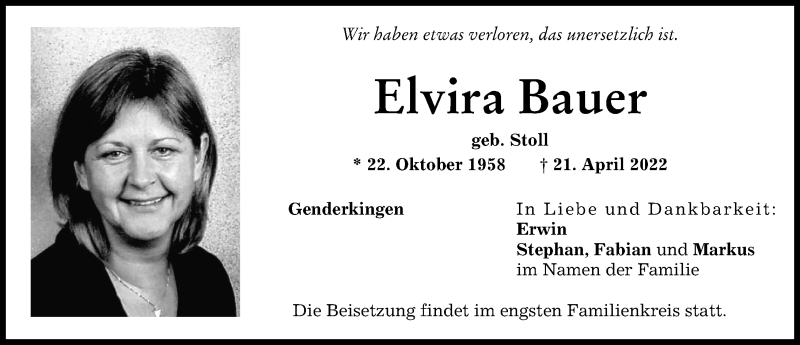  Traueranzeige für Elvira Bauer vom 25.04.2022 aus Donauwörther Zeitung