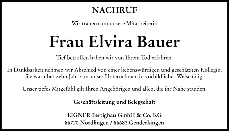  Traueranzeige für Elvira Bauer vom 26.04.2022 aus Donauwörther Zeitung