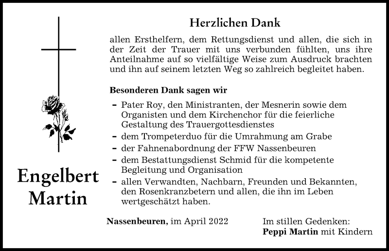  Traueranzeige für Engelbert Martin vom 20.04.2022 aus Mindelheimer Zeitung