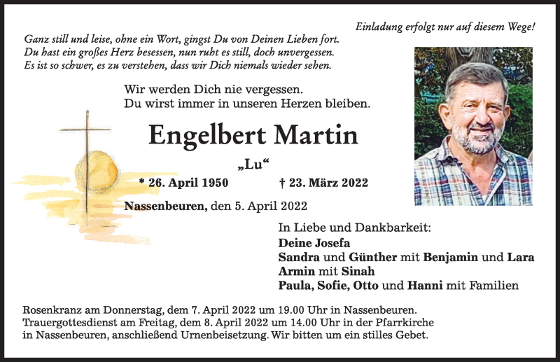  Traueranzeige für Engelbert Martin vom 05.04.2022 aus Mindelheimer Zeitung