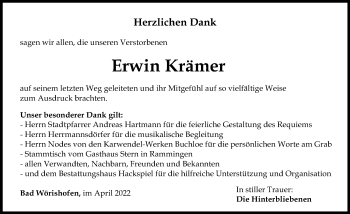 Traueranzeige von Erwin Krämer von Mindelheimer Zeitung