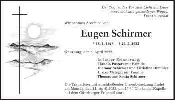 Traueranzeige von Eugen Schirmer von Günzburger Zeitung