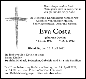 Traueranzeige von Eva Costa von Günzburger Zeitung