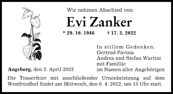 Traueranzeige von Evi Zanker von Augsburger Allgemeine