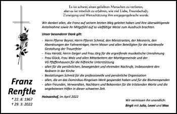 Traueranzeige von Franz Renftle von Mindelheimer Zeitung