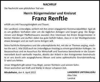 Traueranzeige von Franz Renftle von Augsburger Allgemeine, Mindelheimer Zeitung