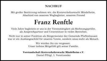 Traueranzeige von Franz Renftle von Mindelheimer Zeitung