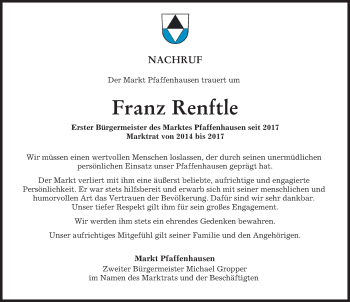 Traueranzeige von Franz Renftle von Mindelheimer Zeitung
