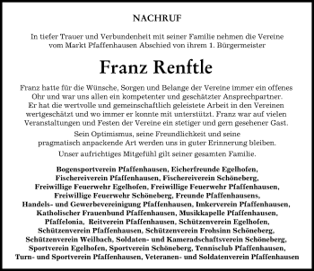 Traueranzeige von Franz Renftle von Mindelheimer Zeitung
