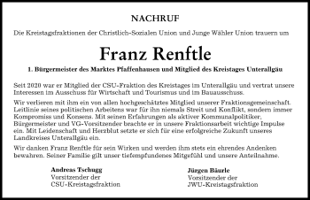 Traueranzeige von Franz Renftle von Augsburger Allgemeine, Mindelheimer Zeitung