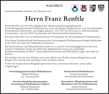 Traueranzeige von Franz Renftle von Mindelheimer Zeitung