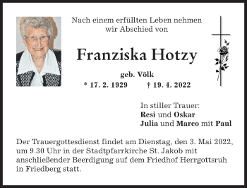 Traueranzeige von Franziska Hotzy von Friedberger Allgemeine