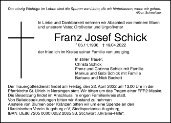 Traueranzeige von Franz Josef Schick von Augsburger Allgemeine, Neu-Ulmer Zeitung